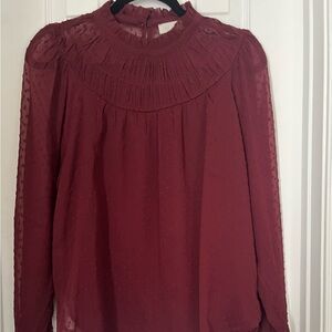 LOFT maroon Smocked Blouse with Long Sleeves